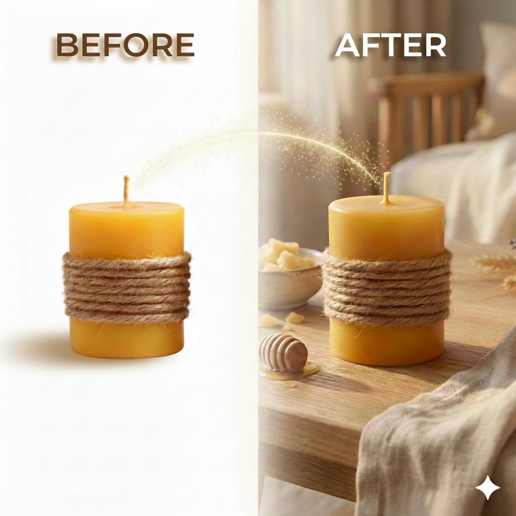 Comparaison avant/après montrant la transformation par IA d'une simple photo de bougie sur fond blanc en une mise en scène marketing professionnelle et chaleureuse pour e-commerce